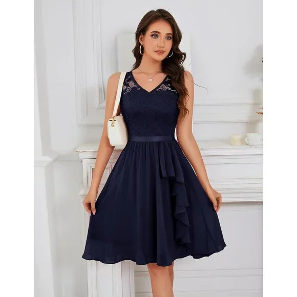 Women's Navy-lace Chiffon Handkerchief Hem Lace Fancy Prom Cocktail Party  Dress